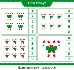 Contando el juego, cuántos Candy Canes con Cinta. Juego infantil educativo, hoja de cálculo imprimible, ilustración vectorial