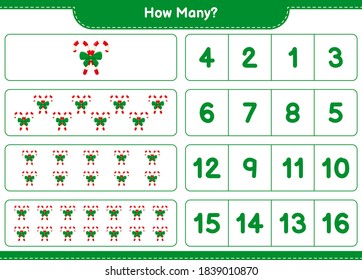 Counting game, how many Candy Canes with Ribbon. Educational children game, printable worksheet, vector illustration