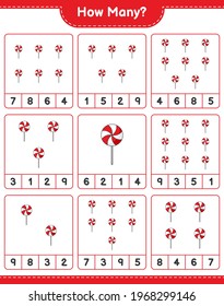 Contando el juego, cuántos Candy. Juego infantil educativo, hoja de cálculo imprimible, ilustración vectorial