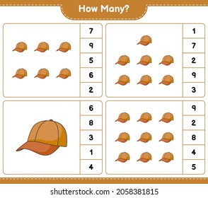 Counting game, how many Cap Hat. Educational children game, printable worksheet, vector illustration