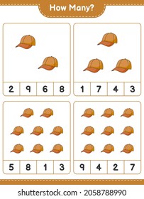 Counting game, how many Cap Hat. Educational children game, printable worksheet, vector illustration