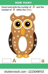 Cuántos juegos de recuento con alfabetos dentro de un búho para niños, tarea matemática educativa para el desarrollo del pensamiento lógico, actividad de la hoja de cálculo preescolar, contar y escribir el resultado, vector. 