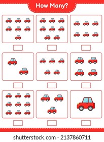 Counting Spiel, wie viele Auto. Kinderspiel, druckbares Arbeitsblatt, Vektorgrafik