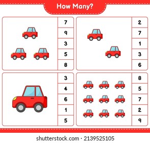 Counting game, how many Car. Educational children game, printable worksheet, vector illustration