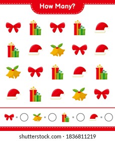 Counting game, how many christmas decoration educational children game, printable worksheet, vector illustration