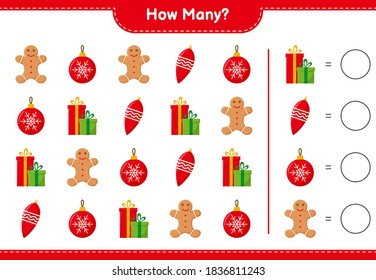 Counting game, how many christmas decoration educational children game, printable worksheet, vector illustration