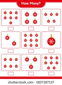 Counting game, how many Christmas Balls. Educational children game, printable worksheet, vector illustration