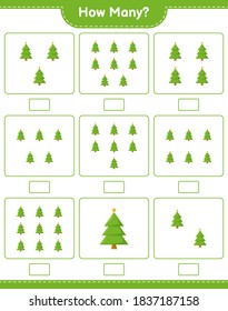 Counting game, how many Christmas Tree. Educational children game, printable worksheet, vector illustration