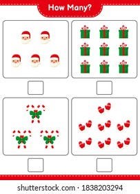 Counting game, how many christmas decoration educational children game, printable worksheet, vector illustration