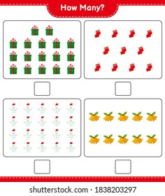 Counting game, how many christmas decoration educational children game, printable worksheet, vector illustration