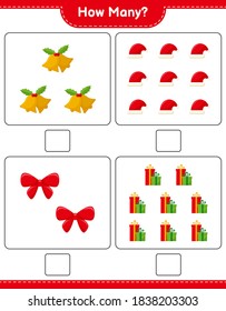 Counting game, how many christmas decoration educational children game, printable worksheet, vector illustration