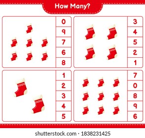 Counting game, how many Christmas Socks. Educational children game, printable worksheet, vector illustration