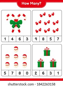 Counting game, how many christmas decoration educational children game, printable worksheet, vector illustration