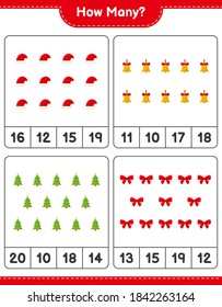 Counting game, how many christmas decoration educational children game, printable worksheet, vector illustration