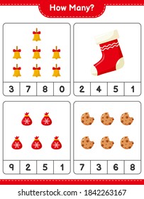 Counting game, how many christmas decoration educational children game, printable worksheet, vector illustration