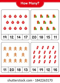 Counting game, how many christmas decoration educational children game, printable worksheet, vector illustration