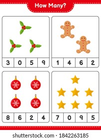 Counting game, how many christmas decoration educational children game, printable worksheet, vector illustration