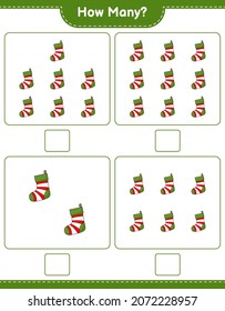 Counting game, how many Christmas Sock. Educational children game, printable worksheet, vector illustration