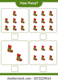 Counting game, how many Christmas Sock. Educational children game, printable worksheet, vector illustration