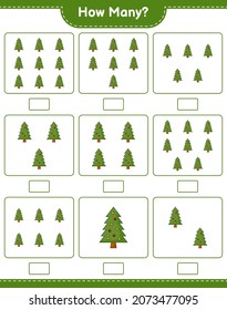 Counting game, how many Christmas Tree. Educational children game, printable worksheet, vector illustration