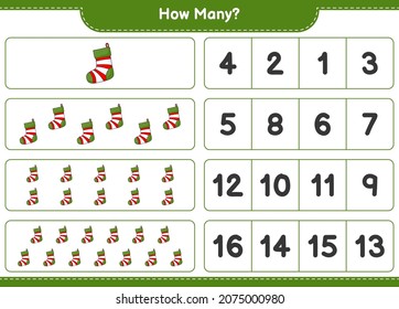 Counting game, how many Christmas Sock. Educational children game, printable worksheet, vector illustration