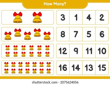 Counting game, how many Christmas Bell. Educational children game, printable worksheet, vector illustration