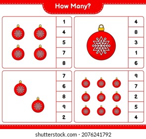 Counting game, how many Christmas Ball. Educational children game, printable worksheet, vector illustration
