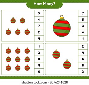 Counting game, how many Christmas Ball. Educational children game, printable worksheet, vector illustration