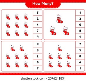 Counting game, how many Christmas Sock. Educational children game, printable worksheet, vector illustration
