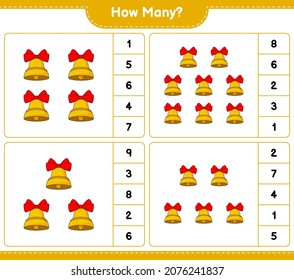 Counting game, how many Christmas Bell. Educational children game, printable worksheet, vector illustration