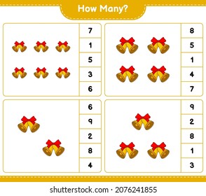 Counting game, how many Christmas Bell. Educational children game, printable worksheet, vector illustration
