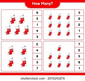 Counting game, how many Christmas Sock. Educational children game, printable worksheet, vector illustration