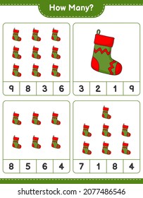 Counting game, how many Christmas Sock. Educational children game, printable worksheet, vector illustration