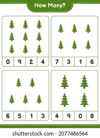 Counting game, how many Christmas Tree. Educational children game, printable worksheet, vector illustration