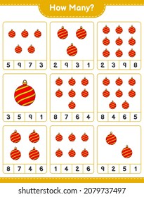 Counting game, how many Christmas Ball. Educational children game, printable worksheet, vector illustration