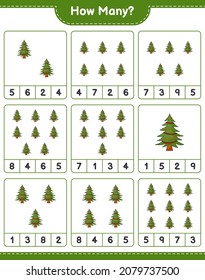 Counting game, how many Christmas Tree. Educational children game, printable worksheet, vector illustration