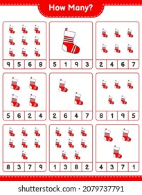 Counting game, how many Christmas Sock. Educational children game, printable worksheet, vector illustration