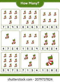 Counting game, how many Christmas Sock. Educational children game, printable worksheet, vector illustration
