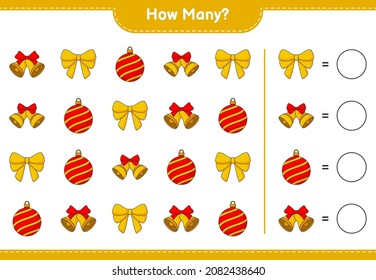 Counting game, how many Christmas Bell, Ribbon, and Gift Box. Educational children game, printable worksheet, vector illustration