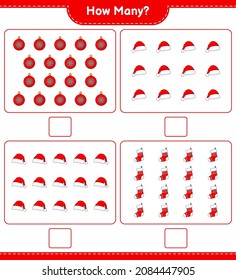 Counting game, how many Christmas Ball, Santa Hat, and Christmas Sock. Educational children game, printable worksheet, vector illustration