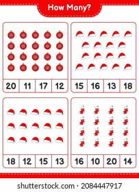 Counting game, how many Christmas Ball, Santa Hat, and Christmas Sock. Educational children game, printable worksheet, vector illustration
