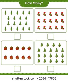 Counting game, how many Christmas Tree, Christmas Ball, and Christmas Sock. Educational children game, printable worksheet, vector illustration