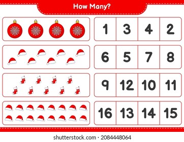Counting game, how many Christmas Ball, Santa Hat, and Christmas Sock. Educational children game, printable worksheet, vector illustration