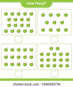 Contando el juego, cuántos Coconut. Juego infantil educativo, hoja de cálculo imprimible, ilustración vectorial