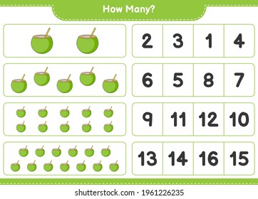 Counting game, how many Coconut. Educational children game, printable worksheet, vector illustration