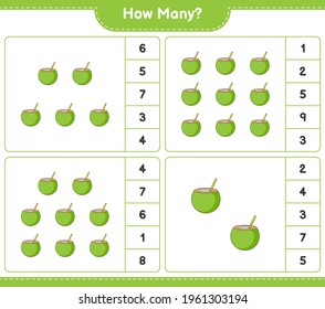 Counting game, how many Coconut. Educational children game, printable worksheet, vector illustration
