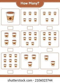 Counting game, how many Coffee Cup. Educational children game, printable worksheet, vector illustration
