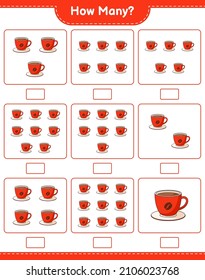 Juego de conteo, cuántas copas de café. Juego infantil educativo, hoja de cálculo imprimible, ilustración vectorial