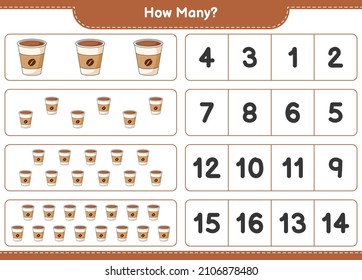 Zählspiel, wie viele Coffee Cup. Kinderspiel, druckbares Arbeitsblatt, Vektorgrafik