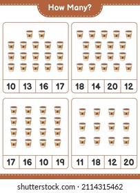 Juego de conteo, cuántas copas de café. Juego infantil educativo, hoja de cálculo imprimible, ilustración vectorial